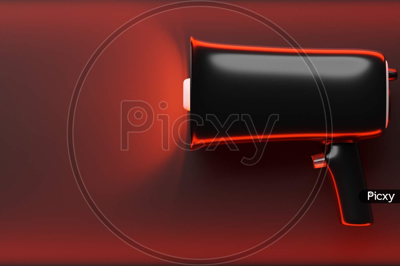 Black Cartoon Glass  Loudspeaker On A  Red  Monochrome Background. 3D Illustration Of A Megaphone. Advertising Symbol, Promotion Concept.