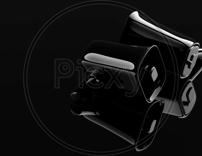 Group Black    Glass Loudspeakers On A Black  Monochrome Background. 3D Illustration Of A Megaphone. Advertising Symbol, Promotion Concept.