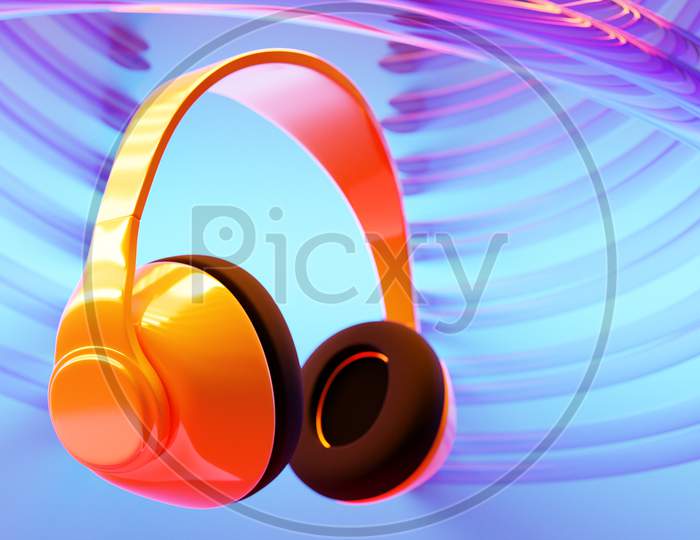 3D Illustration Of  Orange  Retro Headphones  On   Blue   Isolated Background On Neon Lights. Headphone Icon Illustration