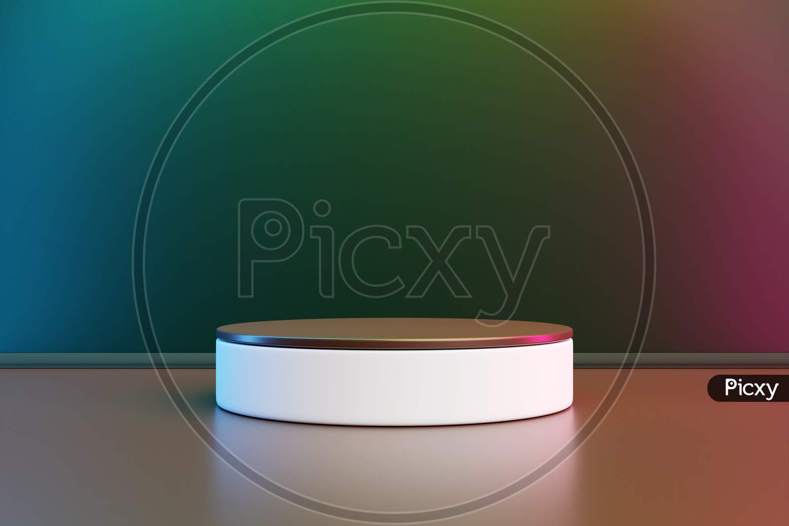 3D Illustration Of A Scene From A Circle On A Green Background. A Close-Up Of A White Round  Pedestal.