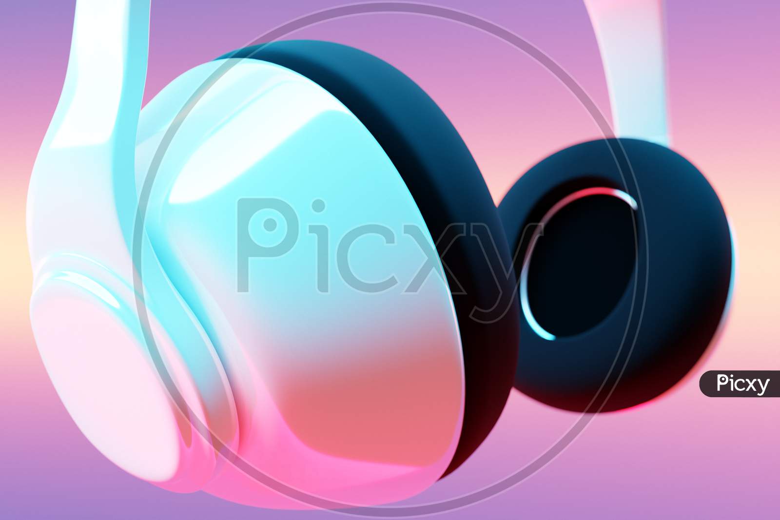 3D Illustration Realistic  White Wireless Headphones Isolated On White  Background Under Pink And Blue Neon Light. Sound Music Headphones. Audio Technology. Modern Headphones
