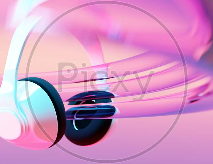 3D Illustration Realistic  White Wireless Headphones Isolated On White  Background Under Pink And Blue Neon Light. Sound Music Headphones. Audio Technology. Modern Headphones
