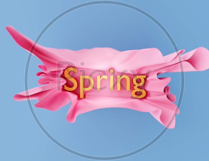 3D Illustration Bright Inscription Spring In Volumetric Beautiful Pink Paper On A Blue Isolated Background. Fashion, Beauty And Cosmetics Promotion. Trendy Sale Banner With Hand Written 3D Gradient Letters.