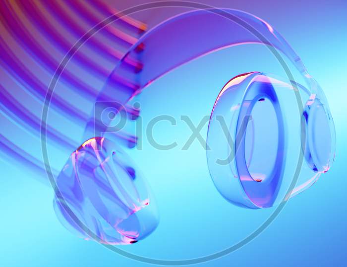 3D Illustration Realistic   Glass Wireless Headphones Isolated On  Blue   Background Under Pink And Blue Neon Light. Sound Music Headphones. Audio Technology. Modern Headphones