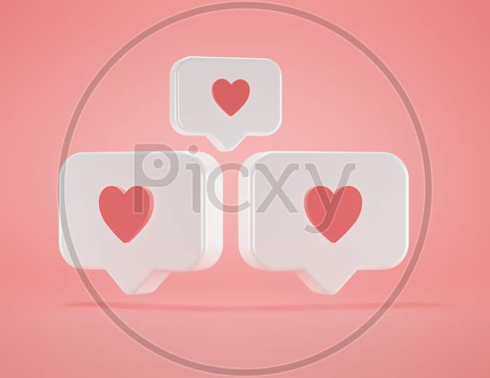 3d illustration rendering social media notification love heart icon in white rounded square pin isolated on pink wall background with shadow simple and elegant , modern and trendy . minimalist design graphic