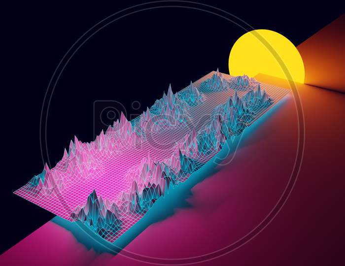 3D Rendering, Virtual Reality, Road From Geometric Lines Between The Mountains To The Setting Sun.Design In The Style Of The 80S.  Futuristic Synthesizer Retro Wave Illustration