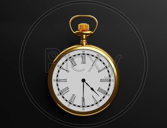 3D Illustration Of Antique Golden Round Clock On Black Isolated Background. Stopwatch Icon, Logo. Chronometer, Vintage Timer