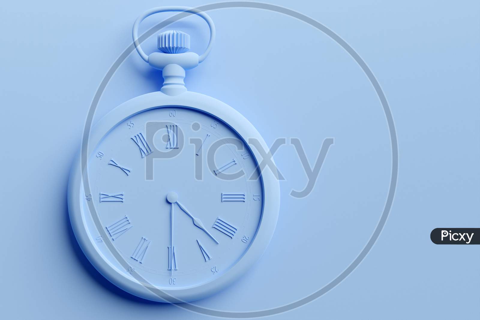3D Illustration  Of Antique   Blue  Round Clock On  Monocrome Background. Stopwatch Icon, Logo. Chronometer, Vintage Timer