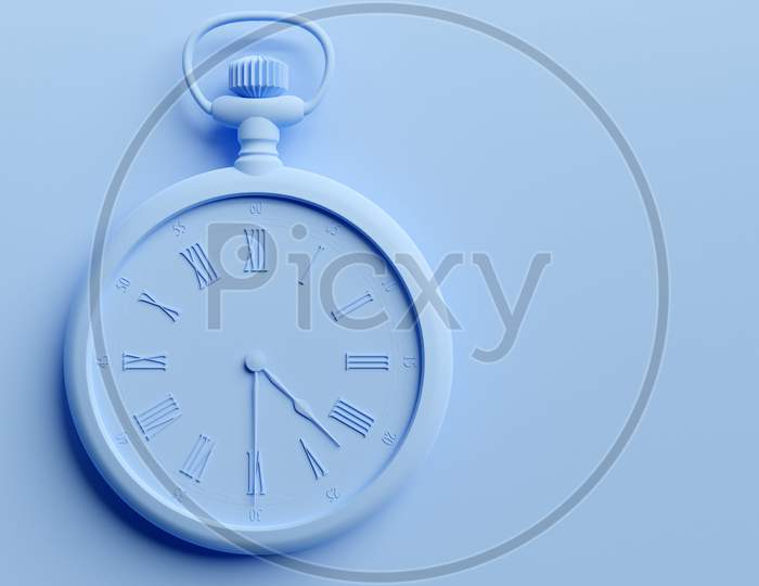 3D Illustration  Of Antique   Blue  Round Clock On  Monocrome Background. Stopwatch Icon, Logo. Chronometer, Vintage Timer
