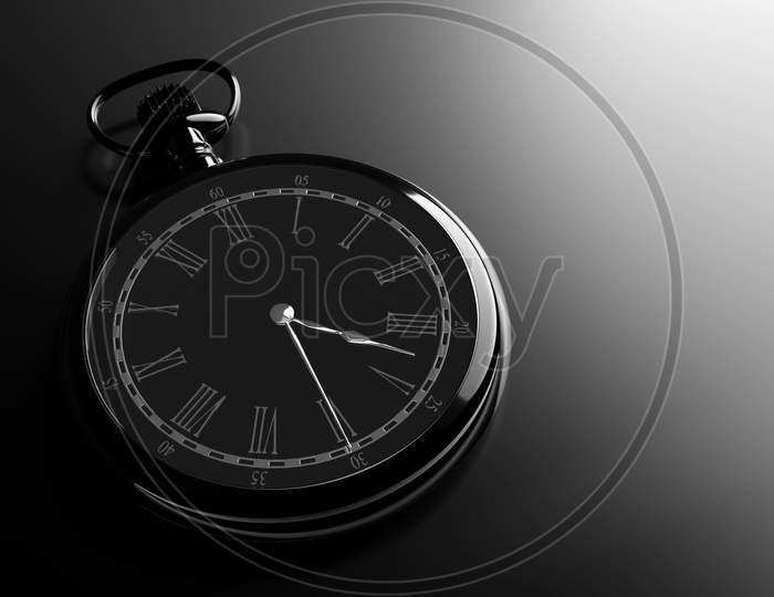 3D Illustration  Of Antique  Black Round Clock On Black Isolated Background. Stopwatch Icon, Logo. Chronometer, Vintage Timer