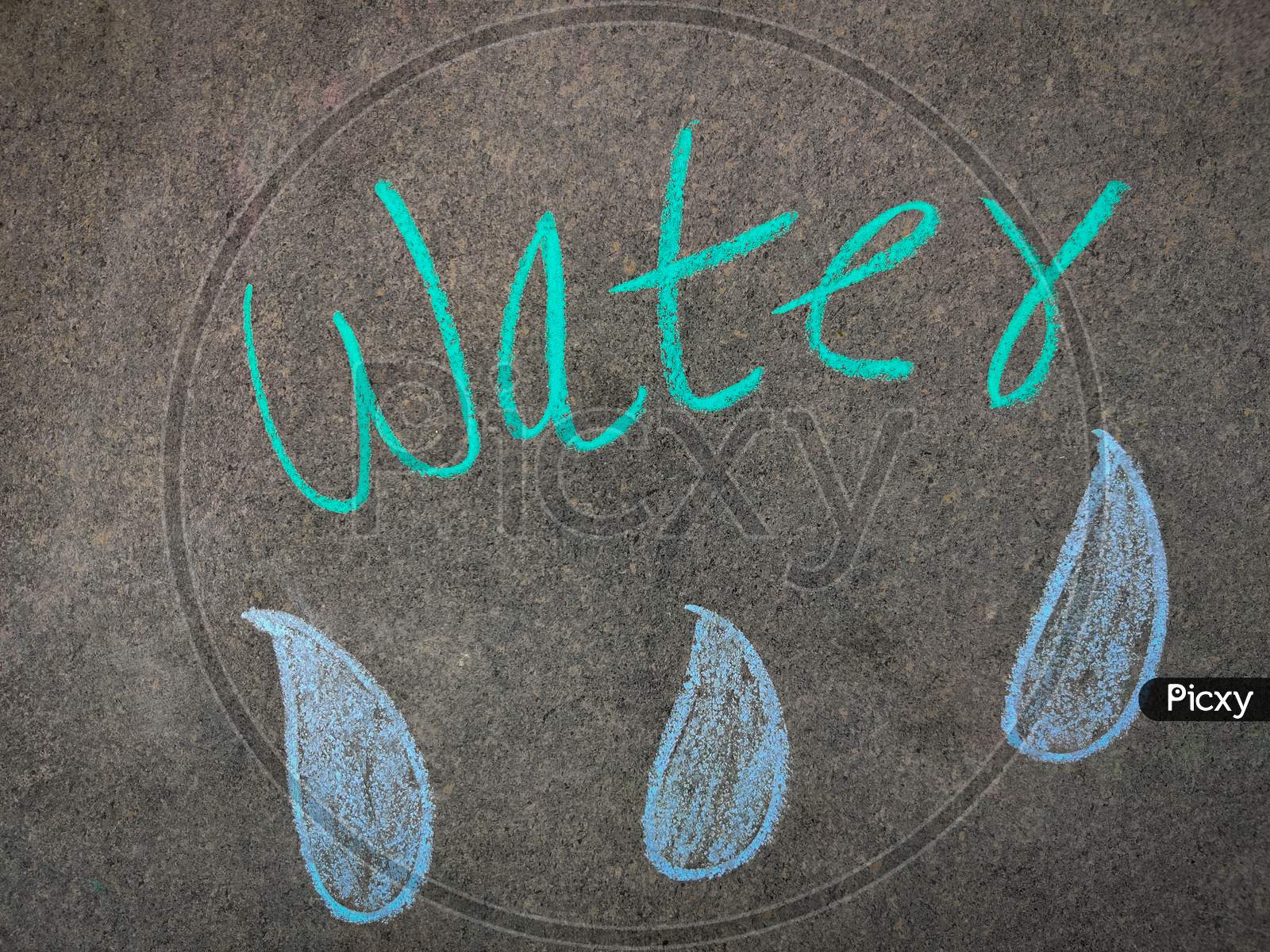 The Inscription Text On The Grey Board, Water With Hand Drawn Water Drops. Using Color Chalk Pieces.Summer Concept