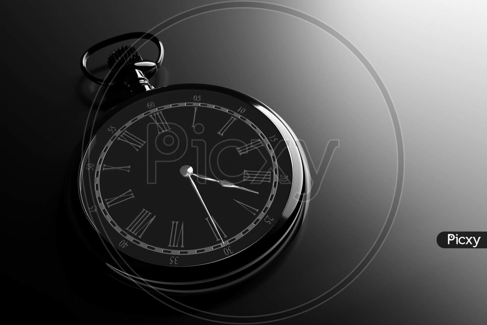 3D Illustration  Of Antique  Black Round Clock On Black Isolated Background. Stopwatch Icon, Logo. Chronometer, Vintage Timer