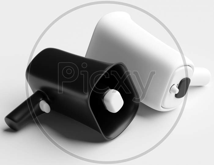 Group White And Black   Glass Loudspeakers On A White Monochrome Background. 3D Illustration Of A Megaphone. Advertising Symbol, Promotion Concept.