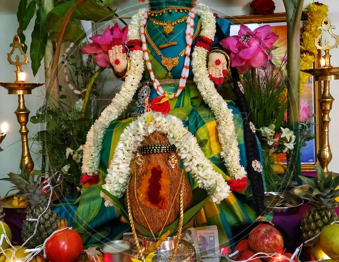 Image of Celebrating traditional Varalakshmi Vratam pooja in home ...