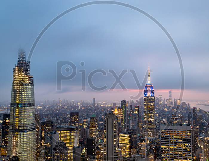 New York skyline from the top of  The rock observation deck in Rockefeller center at night