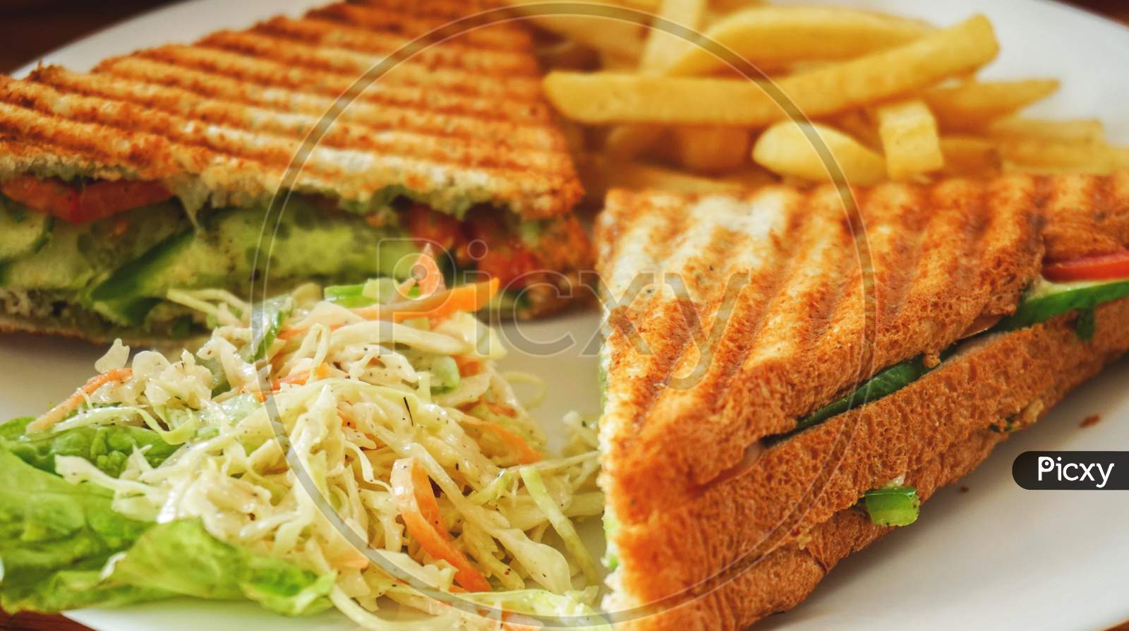 Grilled sandwich with fries and salad