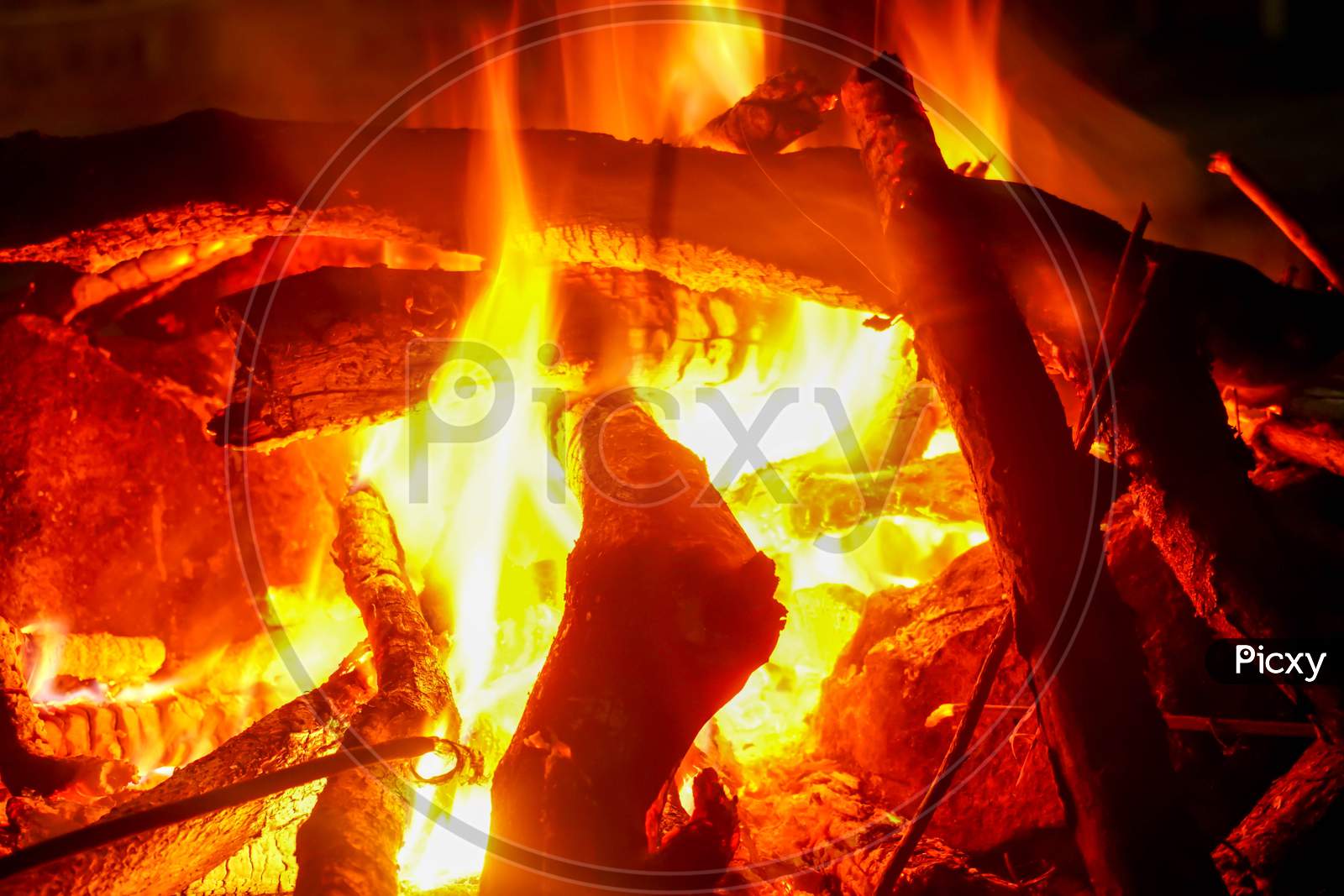 burning wood fire in fireplace