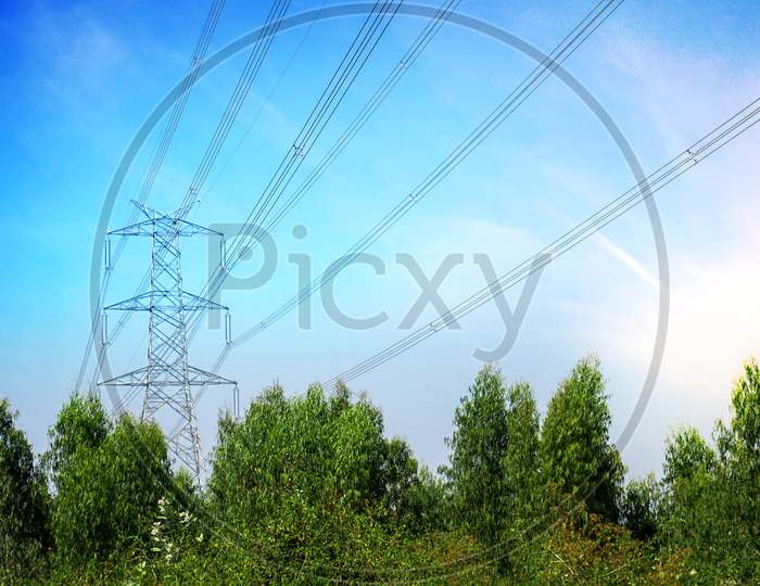 High voltage transmission towers line
