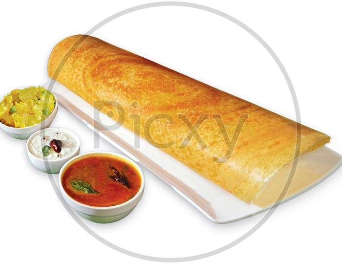 South Indian Masala Dhosa Or Dosa Served With Sambhar, Coconut Chutney, Red Chutney And Green Chutney, South Indian Breakfast