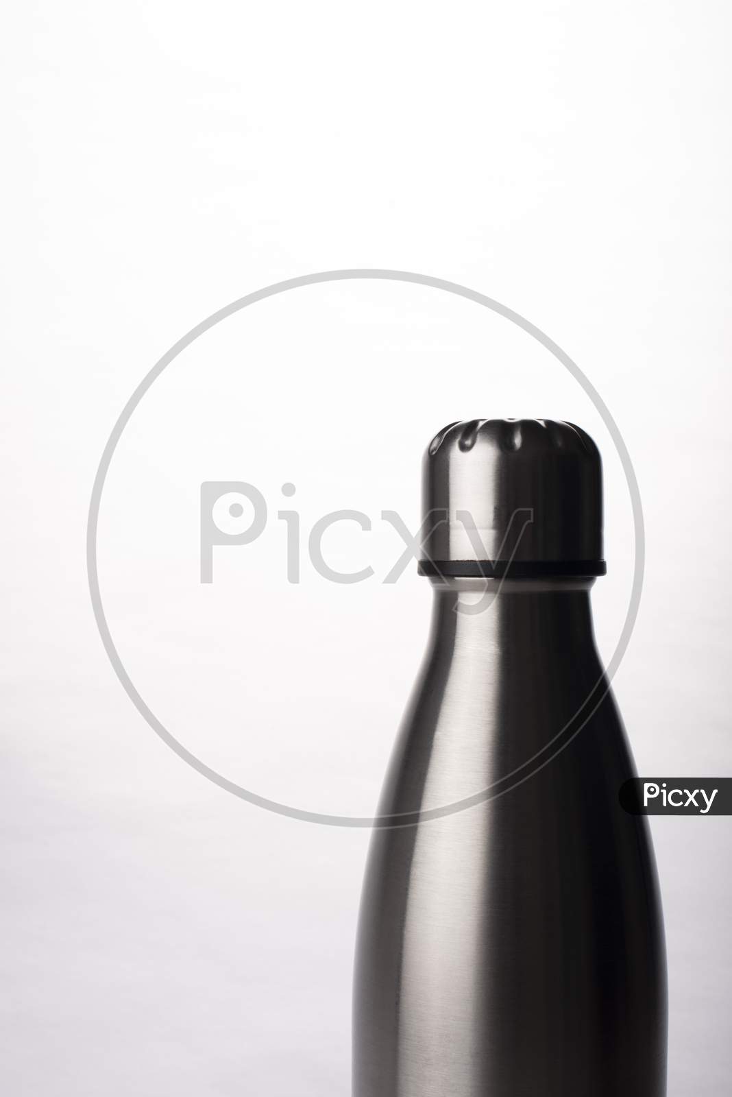 Metal Water Bottle On White Background, Stainless Steel Flask
