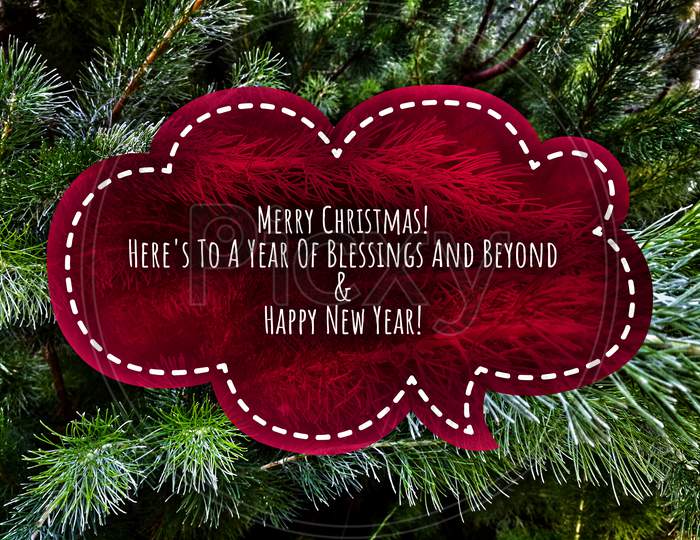 Text label with green background of Christmas tree, Merry Christmas & Happy New Year