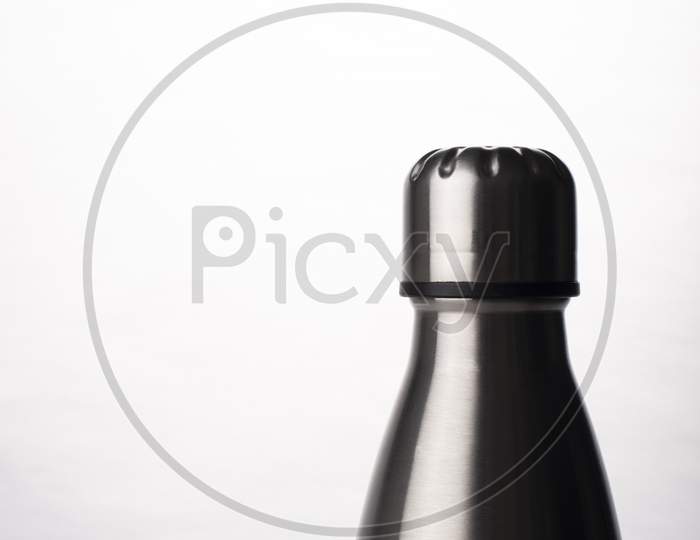 Metal Water Bottle On White Background, Stainless Steel Flask