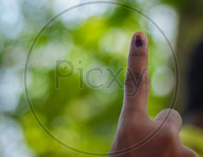 Voter Hand With Voting Sign And Ink Pointing Vote With Space For Copy Text.