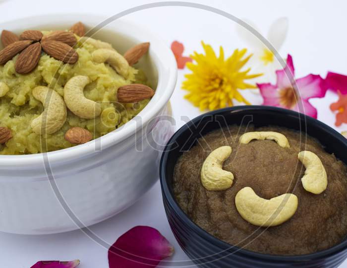 Selective Focus Of Popular Traditional Sweet Item Made Out Of Amaranth Whole Grains Known As Rajgira Sheera Or Seera And Sweet Potato Shakarkand Halwa Indian Dessert Prepared During Fasting Days