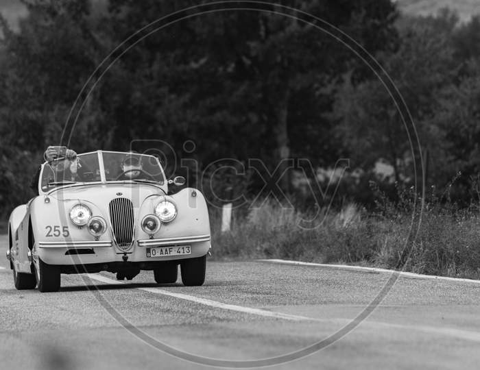 Jaguar Xk 120 Se Ots 1954 On An Old Racing Car In Rally Mille Miglia 2020 The Famous Italian Historical Race (1927-1957