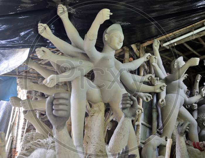 clay durga idol making at kumortuli kolkata india