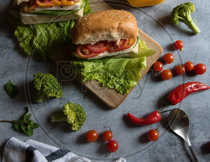 Continental snacks sandwich prepared with raw food ingredients.