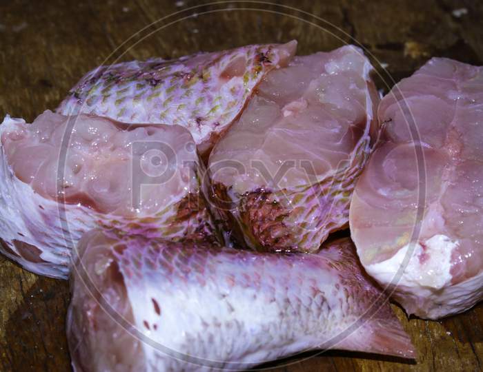 Fish Sliced Piece For Cooking Food, Fish Raw Cut Or Slice Piece, Fish Meat Uncooked