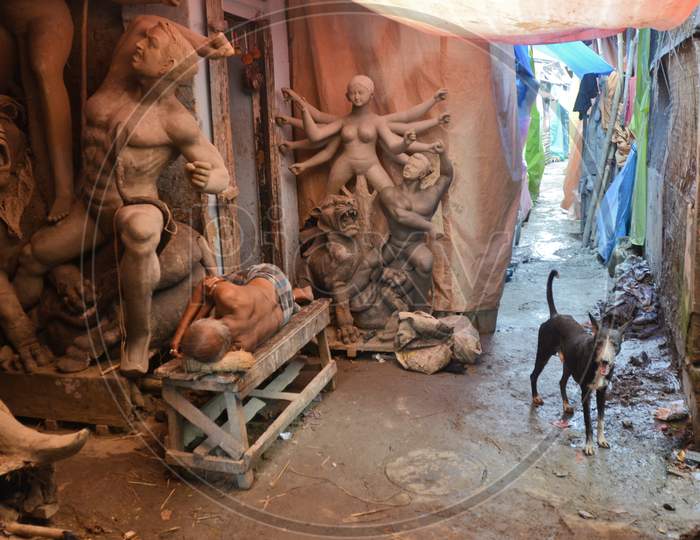 clay durga idol making at kumortuli kolkata india