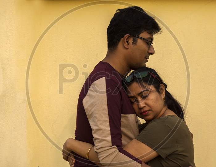 A Young Indian Couple Hugging Each Other Showing Love.