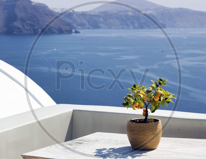 Santorini, Greece: A Pot With Flower Or Plant And A Plate On A Wooden Table Against Beautiful Sea Ocean Background