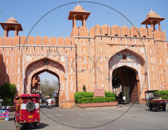 Unesco World Heritage Site Of Pink City Chandpole Gate. Ancient Gate To Enter Chandpole Market.
