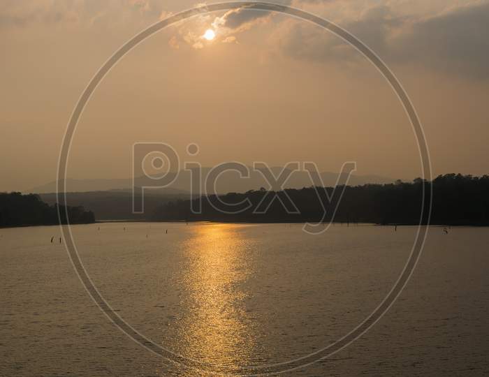 Panoramic Landscape View Of Beautiful Chiklihole Dam At Sunset. The Tourist Attraction Is Located In Coorg Or Kodagu, Karnataka, India