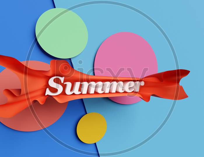 3D Illustration Bright Inscription Summer In Volumetric Beautiful  Red  Paper On A Colorful  Isolated Background. Fashion, Beauty And Cosmetics Promotion. Trendy Sale Summer  Banner With Hand Written 3D Gradient Letters.