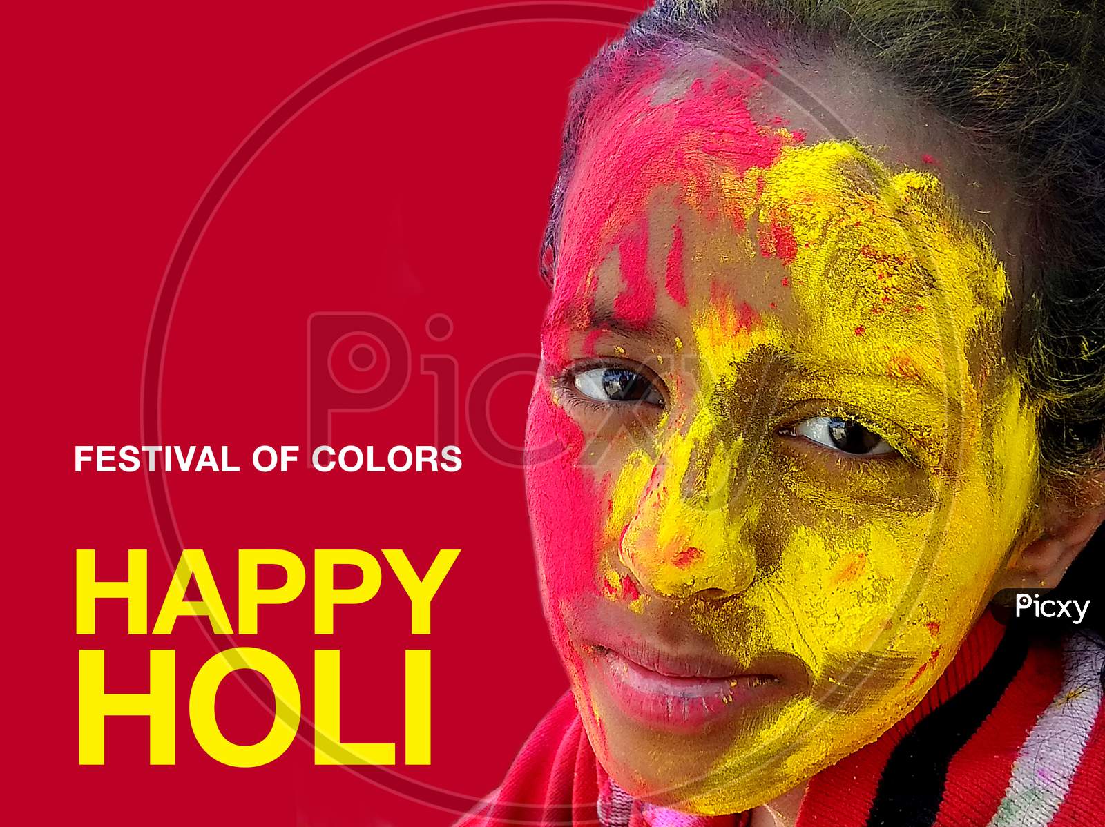 Indian Hindu festival of colors, in Hindi Language Translation on the Poster (Called Holi)greeting with colorful yellow, red powder banner, poster, creative, flyer, Child Playing Holi Festival