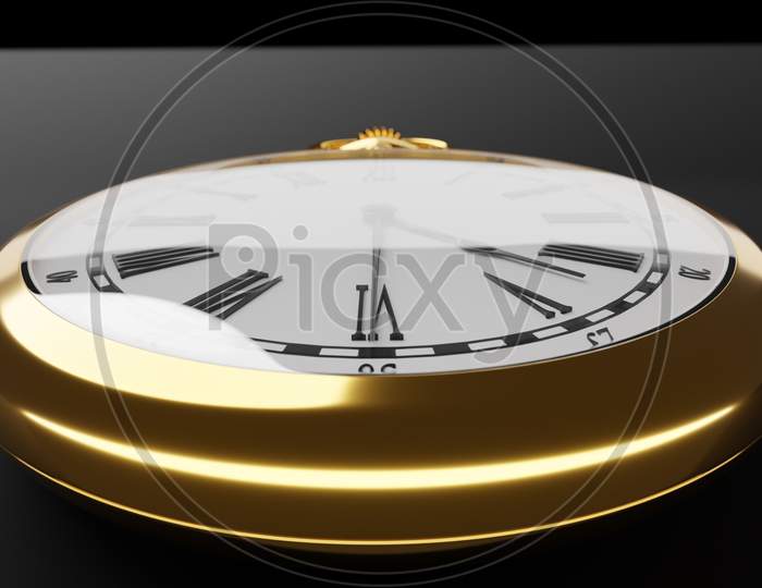 3D Illustration Close Up  Of Antique Golden Round Clock On Black Isolated Background. Stopwatch Icon, Logo. Chronometer, Vintage Timer