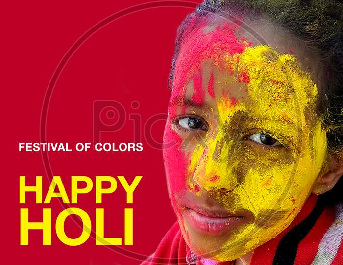 Indian Hindu festival of colors, in Hindi Language Translation on the Poster (Called Holi)greeting with colorful yellow, red powder banner, poster, creative, flyer, Child Playing Holi Festival