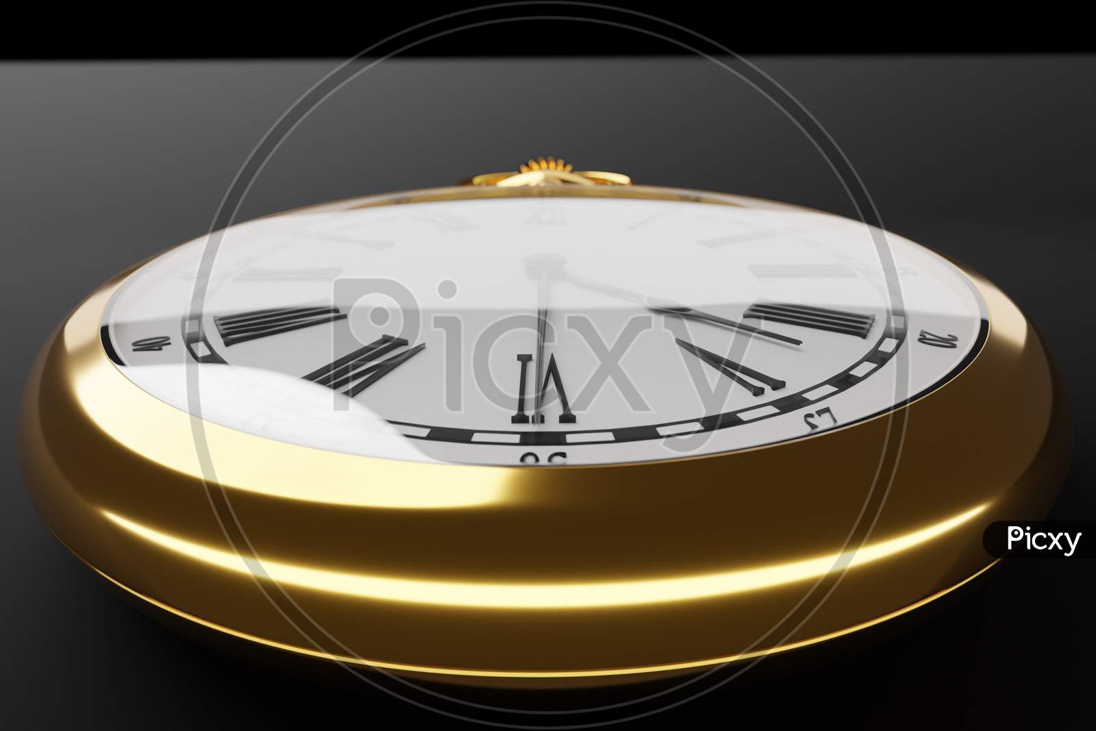 3D Illustration Close Up  Of Antique Golden Round Clock On Black Isolated Background. Stopwatch Icon, Logo. Chronometer, Vintage Timer