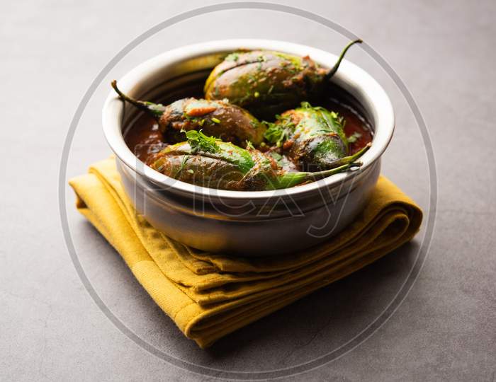 South Indian Brinjal Curry Also Known As Brinjal Masala, Baigan Or Baingan Sabzi In Gravy