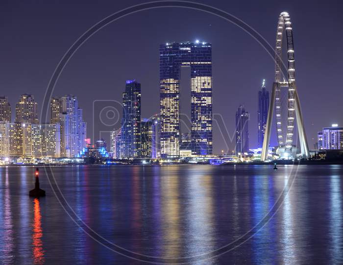 Dubai, Uae - October 28, 2020. Ain Dubai , Marina Night Scene With City Lights, Luxury New High Tech Town In Dubai. Dubai Marina Cityscape