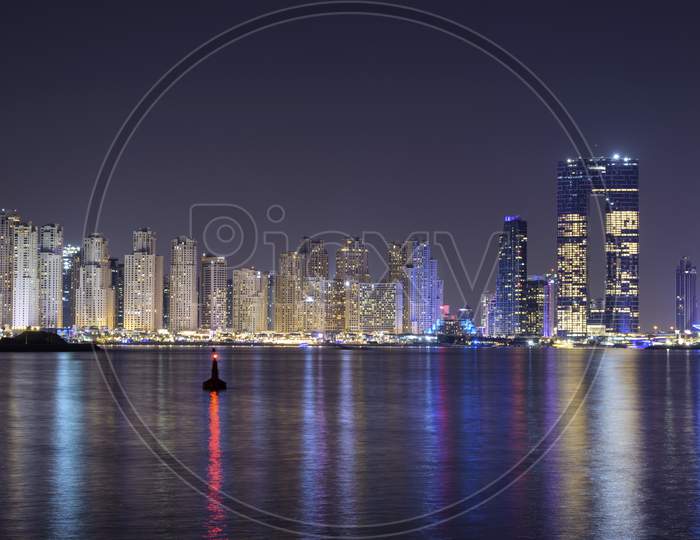 Dubai, Uae - October 28, 2020. Ain Dubai , Marina Night Scene With City Lights, Luxury New High Tech Town In Dubai. Dubai Marina Cityscape