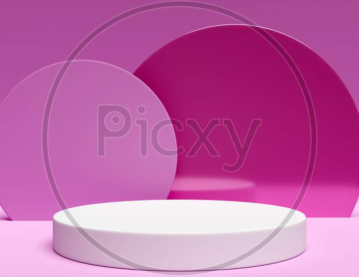 3D Illustration Of A  White  Scene From A Circle With Round Arch At The Back On A  Pink  Background. A Close-Up Of A Round Monocrome Pedestal.