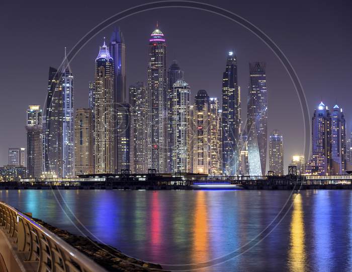 DUBAI, UAE - october 28, 2020.Dubai Marina night scene with city lights, luxury new high tech town in middle East, United Arab Emirates architecture. Dubai Marina cityscape, UAE
