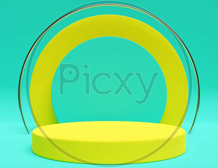 3D Illustration Of A Yellow Circle Podium Stand On The Background Of A Geometric Composition. 3D Rendering. Minimalism Geometry Background