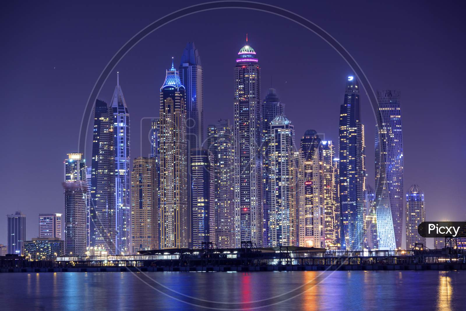 Dubai, Uae - October 28, 2020.Dubai Marina Night Scene With City Lights, Luxury New High Tech Town In Dubai Marina Cityscape, Uae