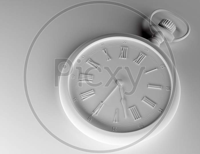 3D Illustration  Of Antique   White  Round Clock On  Monocrome Background. Stopwatch Icon, Logo. Chronometer, Vintage Timer
